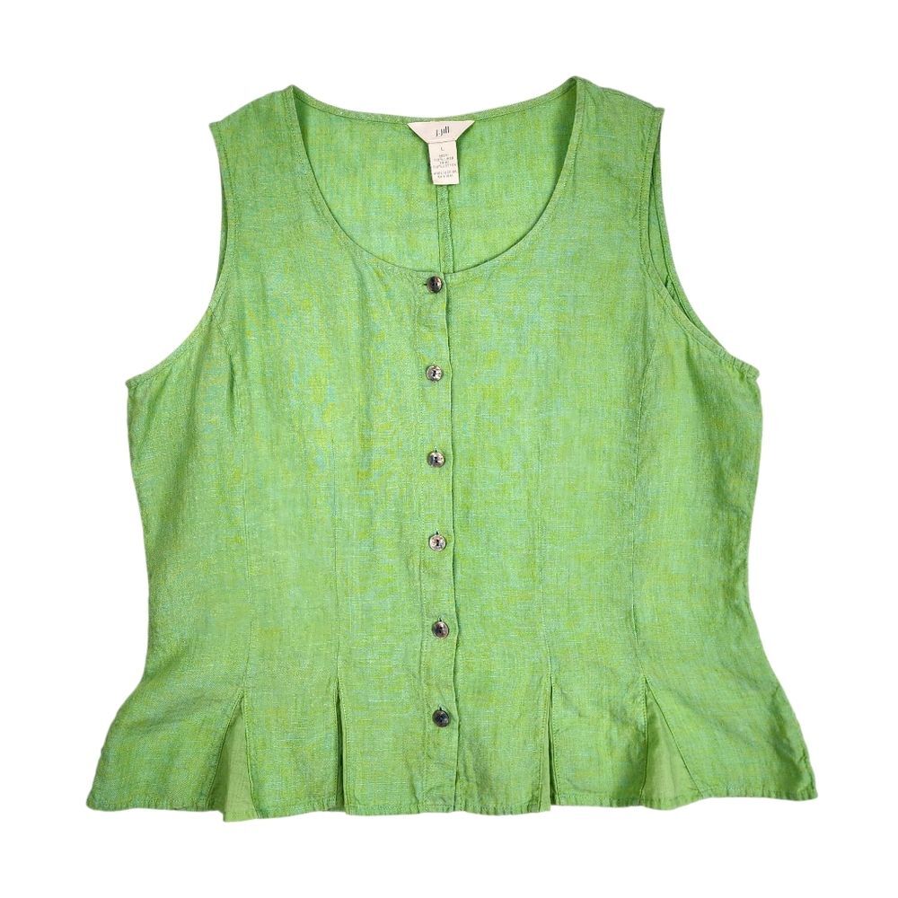 J.Jill Linen Top Blouse Lime Green Sleeveless Button-Up Shirt Pleated Size L